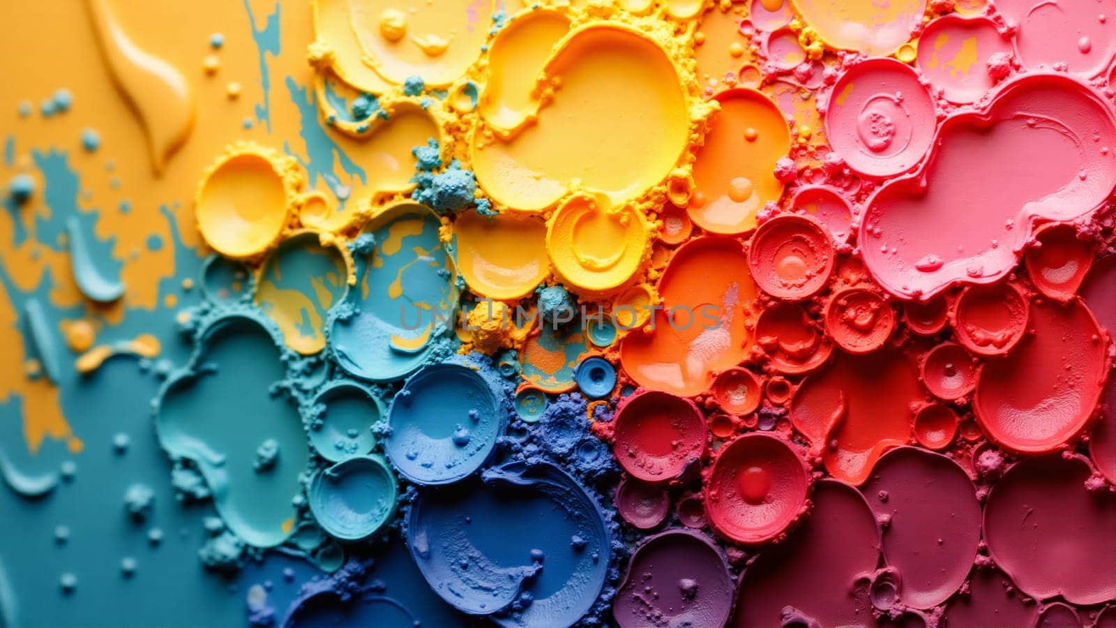 Colorful drips of paint cascade over a textured surface, blending vibrant hues of red, yellow, green, and blue. The artwork captures the essence of creativity in an artistic setting.