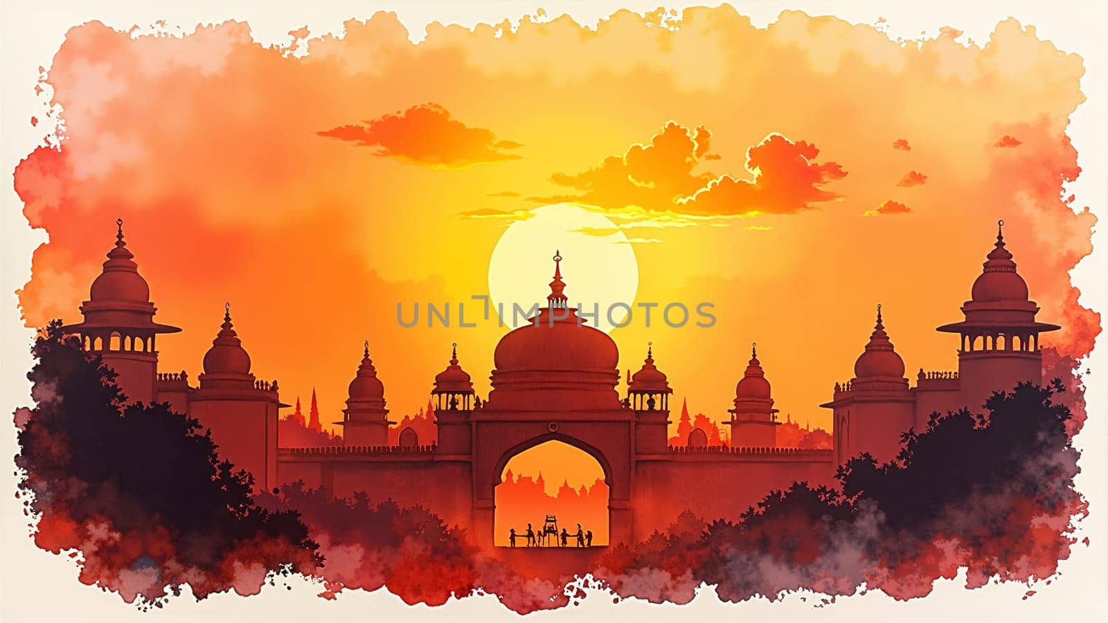 The breathtaking silhouette of an ornate palace emerges against a radiant sunset, with golden hues infusing the sky. Towering spires and arches create a majestic backdrop for the approaching night.