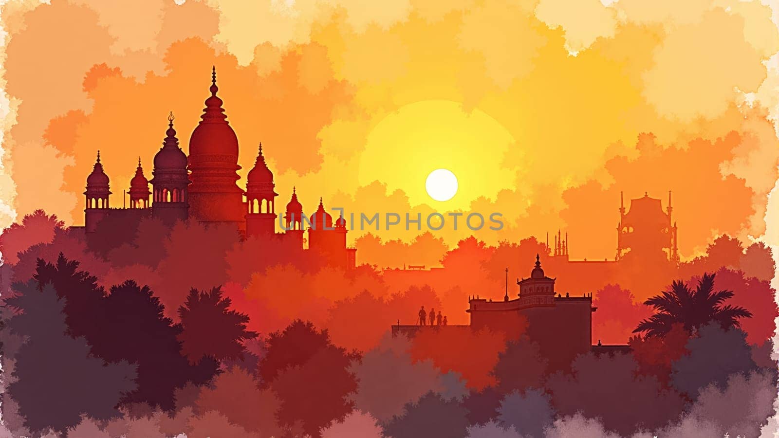 The breathtaking silhouette of an ornate palace emerges against a radiant sunset, with golden hues infusing the sky. Towering spires and arches create a majestic backdrop for the approaching night.
