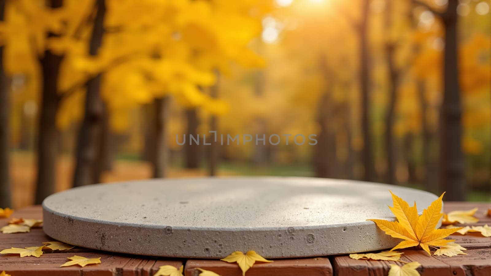 Golden leaves carpet the tranquil pathway, illuminated by a warm sunset glow. A solitary stone pedestal rests nearby, inviting reflection amid the vibrant autumn scenery.
