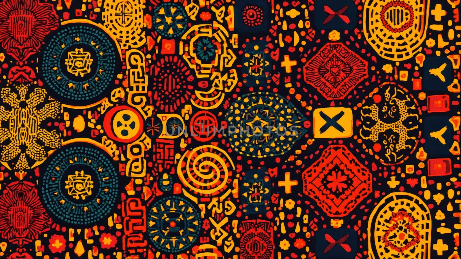 A stunning display of various intricate patterns and symbols unfolds in vivid colors, showcasing an artistic blend of culture and creativity. The artwork invites viewers into a rich visual experience.