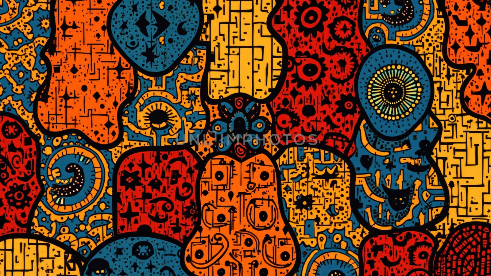A stunning display of various intricate patterns and symbols unfolds in vivid colors, showcasing an artistic blend of culture and creativity. The artwork invites viewers into a rich visual experience.