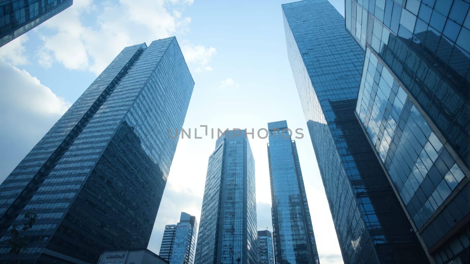 Tall glass buildings dominate the skyline, reflecting the soft colors of dawn while bustling city life begins below. The scene captures the energy of a vibrant metropolitan area.