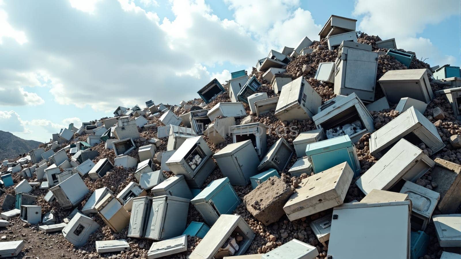 A vast heap of outdated computers and appliances fills the landscape, reflecting society s surplus of technology.