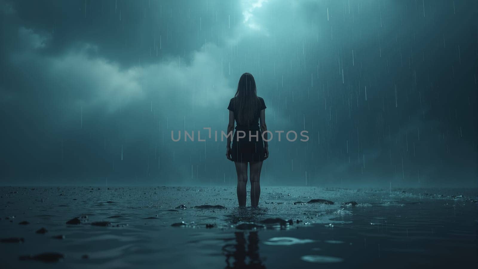 A young girl in a flowing dress wades through a tranquil lake, surrounded by mist and softly falling rain. The dramatic cloud formations create a mystical atmosphere as dusk approaches.
