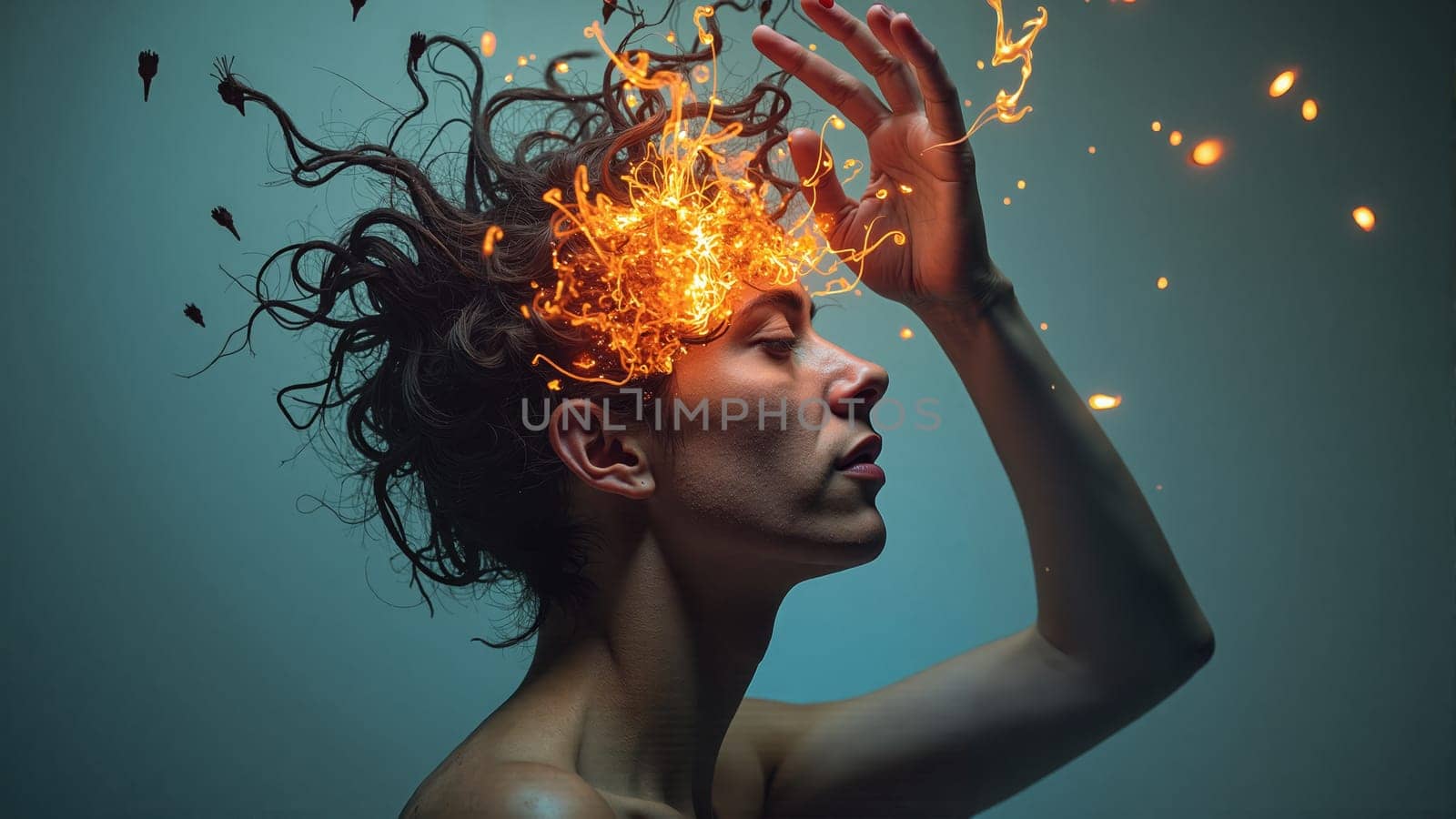 A woman stands elegantly with a striking headpiece resembling a vivid brain, intertwined with delicate branches and small red berries, creating an artistic fusion of nature and thought.