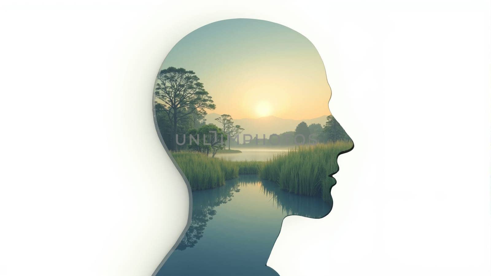 A serene silhouette filled with a vibrant landscape showcases rolling hills, tall trees, and a calm stream, illuminated by the warm glow of a setting sun, embodying harmony with nature.