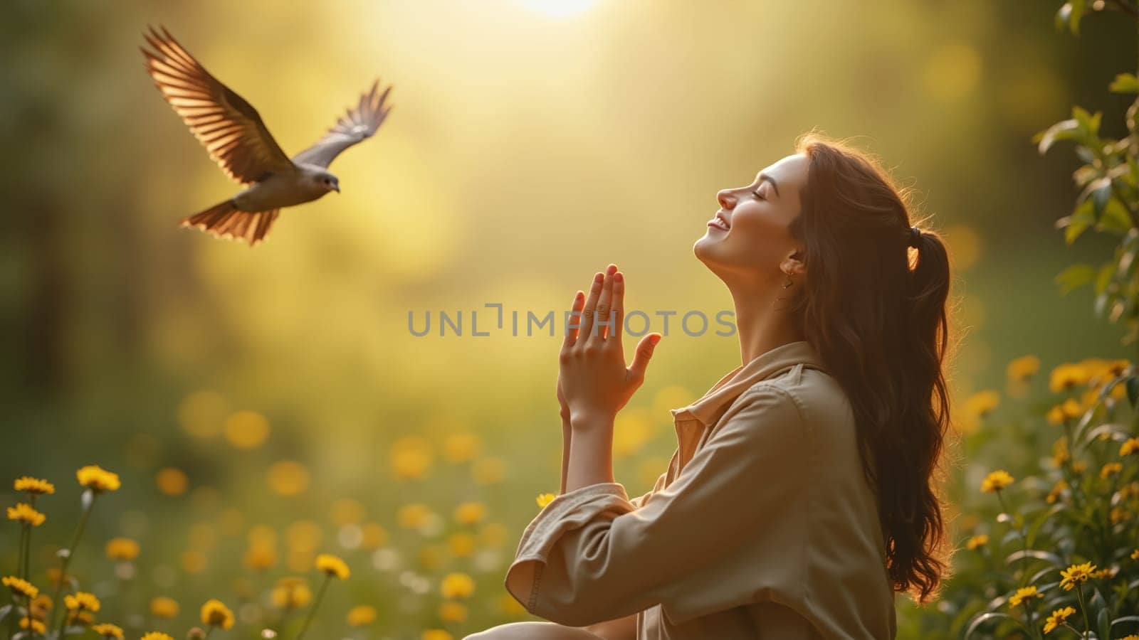 In a sun-kissed meadow filled with vibrant flowers, a woman peacefully sits, hands clasped in prayer, while a graceful bird soars above, embodying tranquility and harmony with nature.