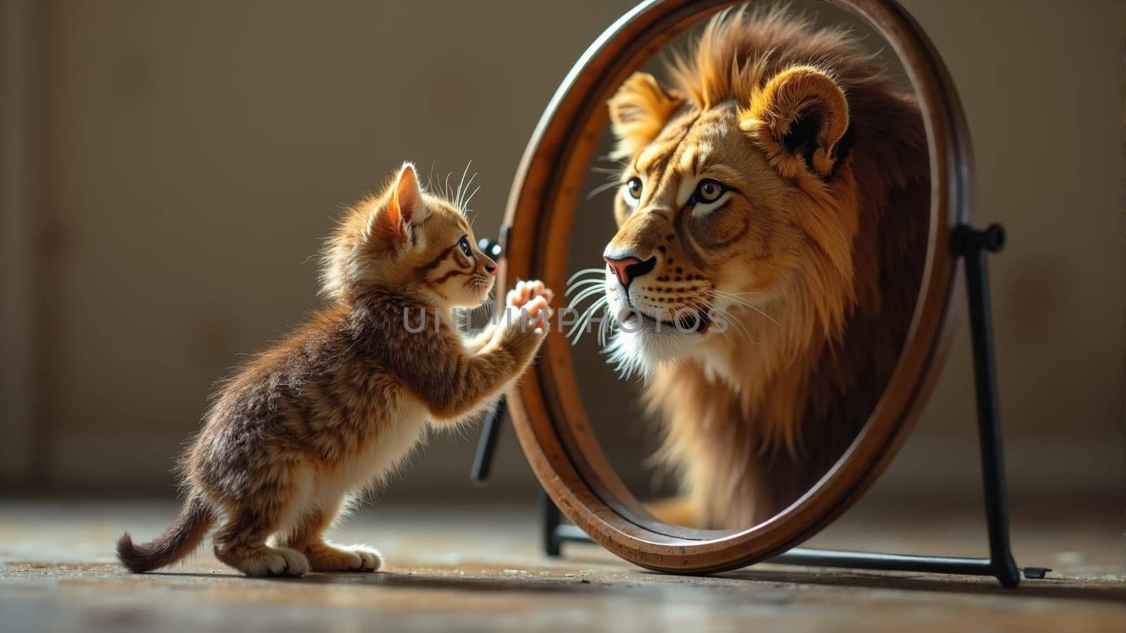 A curious little kitten faces a mirror, where it sees a regal lion looking back. This enchanting encounter highlights the contrast between youthfulness and strength, sparking imagination.