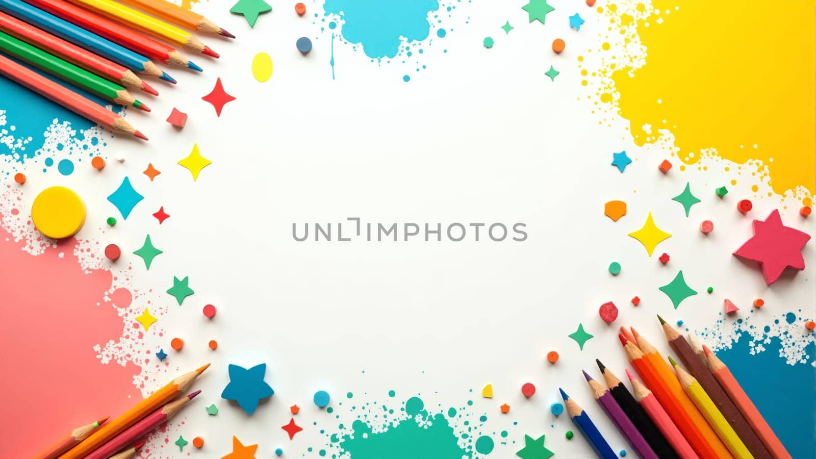 A lively swirl of colors showcases an artistic burst of pencils and geometric shapes, celebrating the joy of creativity.
