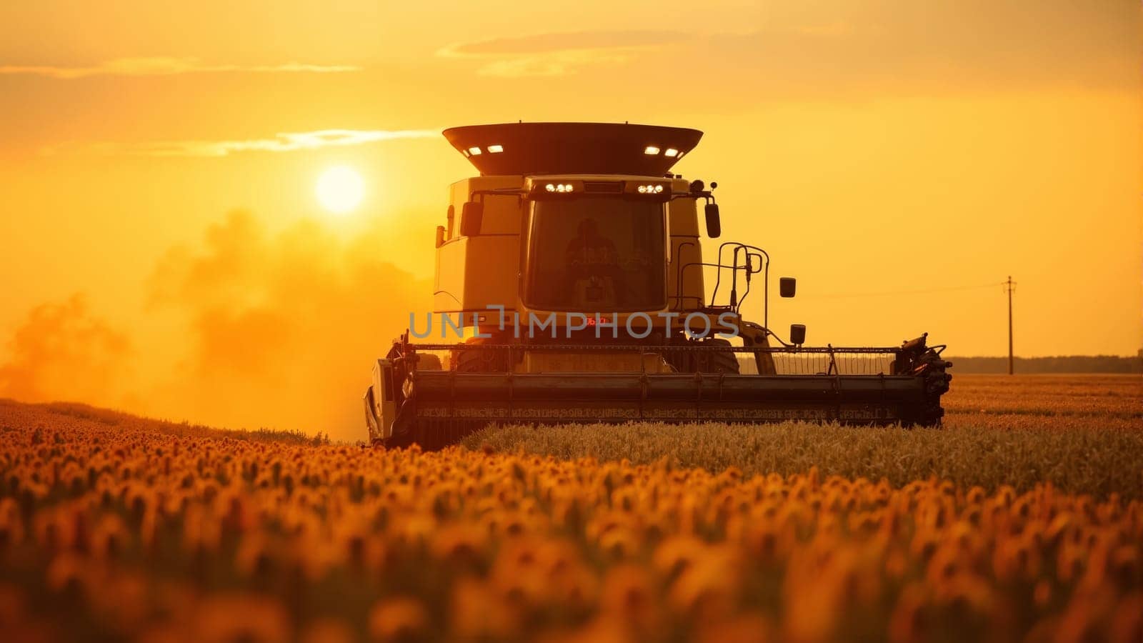 A combine harvester works diligently at sunset, silhouetted against a golden sky, as it harvests ripe wheat in a sprawling field, creating a picturesque moment of rural life.
