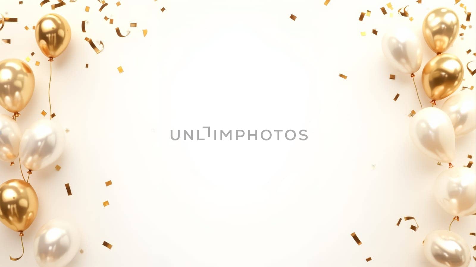 A vibrant arrangement of glossy golden balloons surround a white backdrop sprinkled with shimmering confetti, perfect for marking joyous celebrations and memorable events.