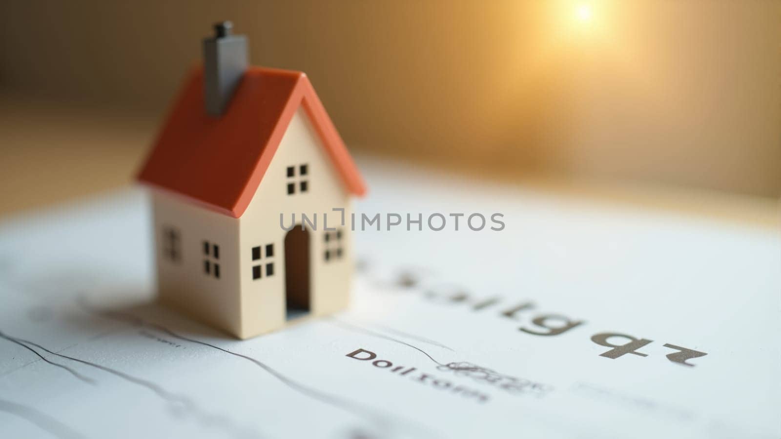 A delightful representation of a small house with a red roof rests on important documents, illuminated by soft sunlight. The warmth of the light enhances the cozy feeling of home and planning.