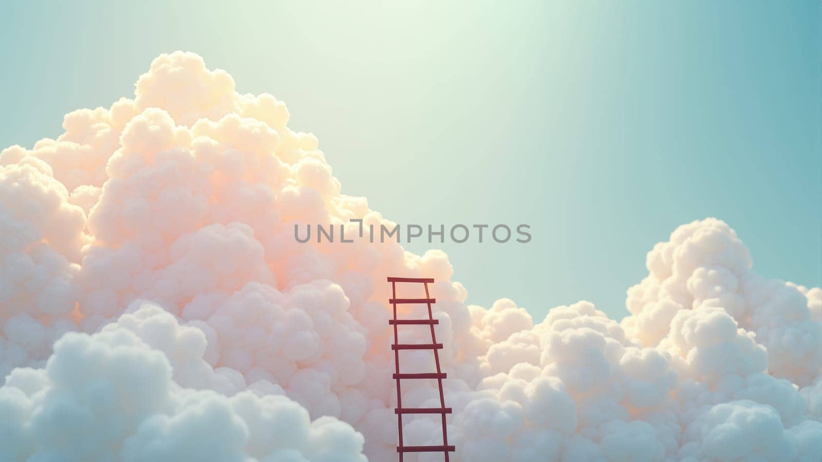 A charming wooden ladder reaches into a serene sky painted with soft pastel clouds. The delicate scene evokes a sense of wonder and invites daydreaming under the gentle morning light.