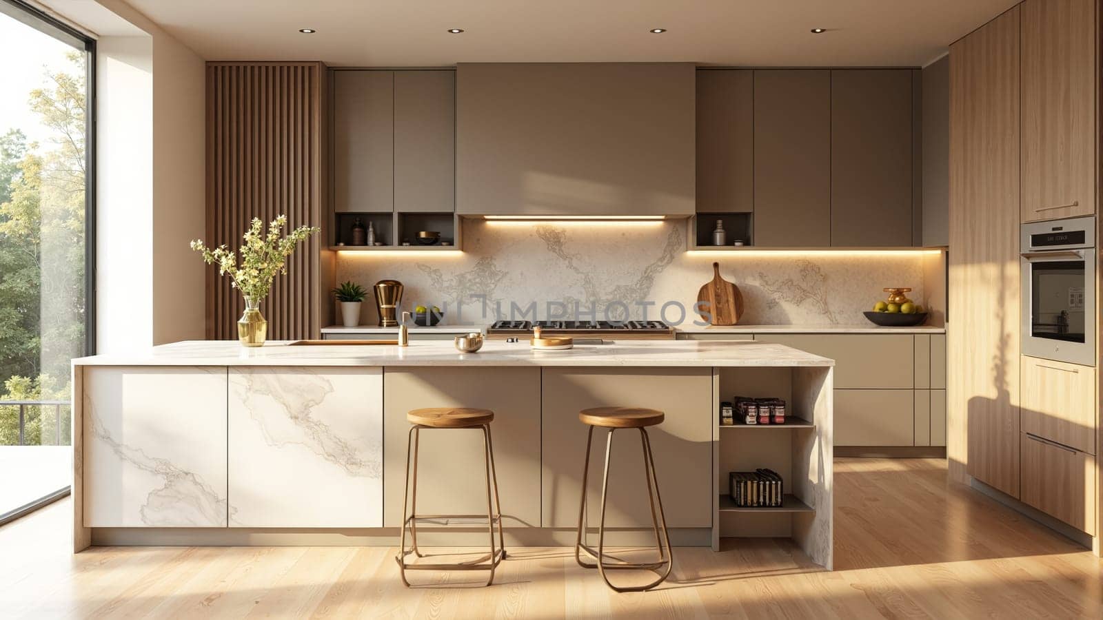 The spacious kitchen features sleek marble countertops and warm wood cabinetry, illuminated by large windows that invite in the soft daylight. A stylish island adds functionality.