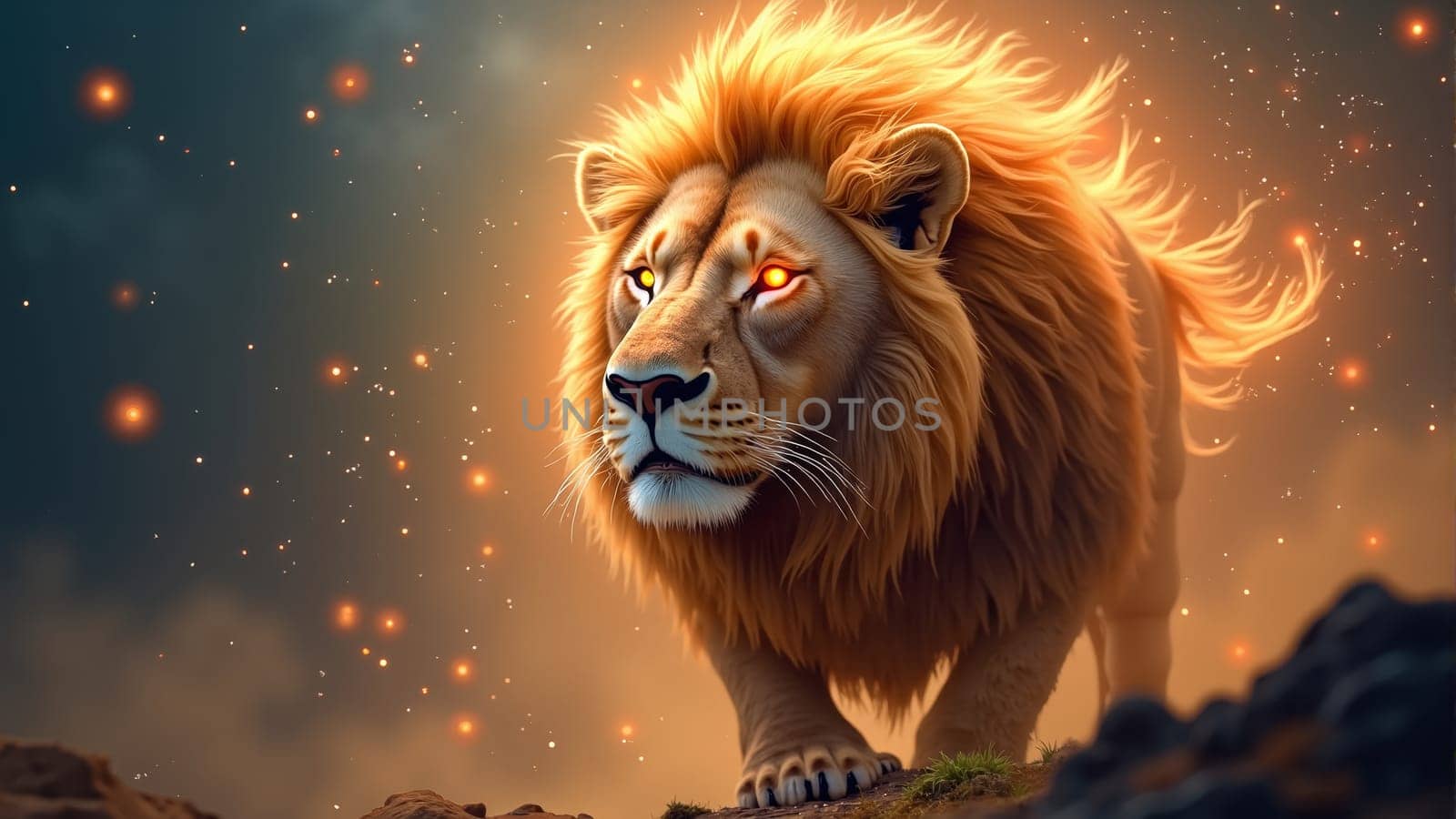 Beneath a starlit sky, a regal lion stands proudly, framed by glowing symbols and ethereal clouds. The golden mane radiates strength and wisdom, creating a sense of awe and wonder.