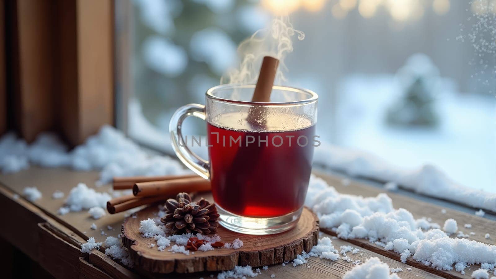 A steaming cup of spiced tea rests on a wooden slice, with cinnamon sticks adorning it. Snow gently blankets the ground, creating a warm, inviting atmosphere as sunlight peeks through.