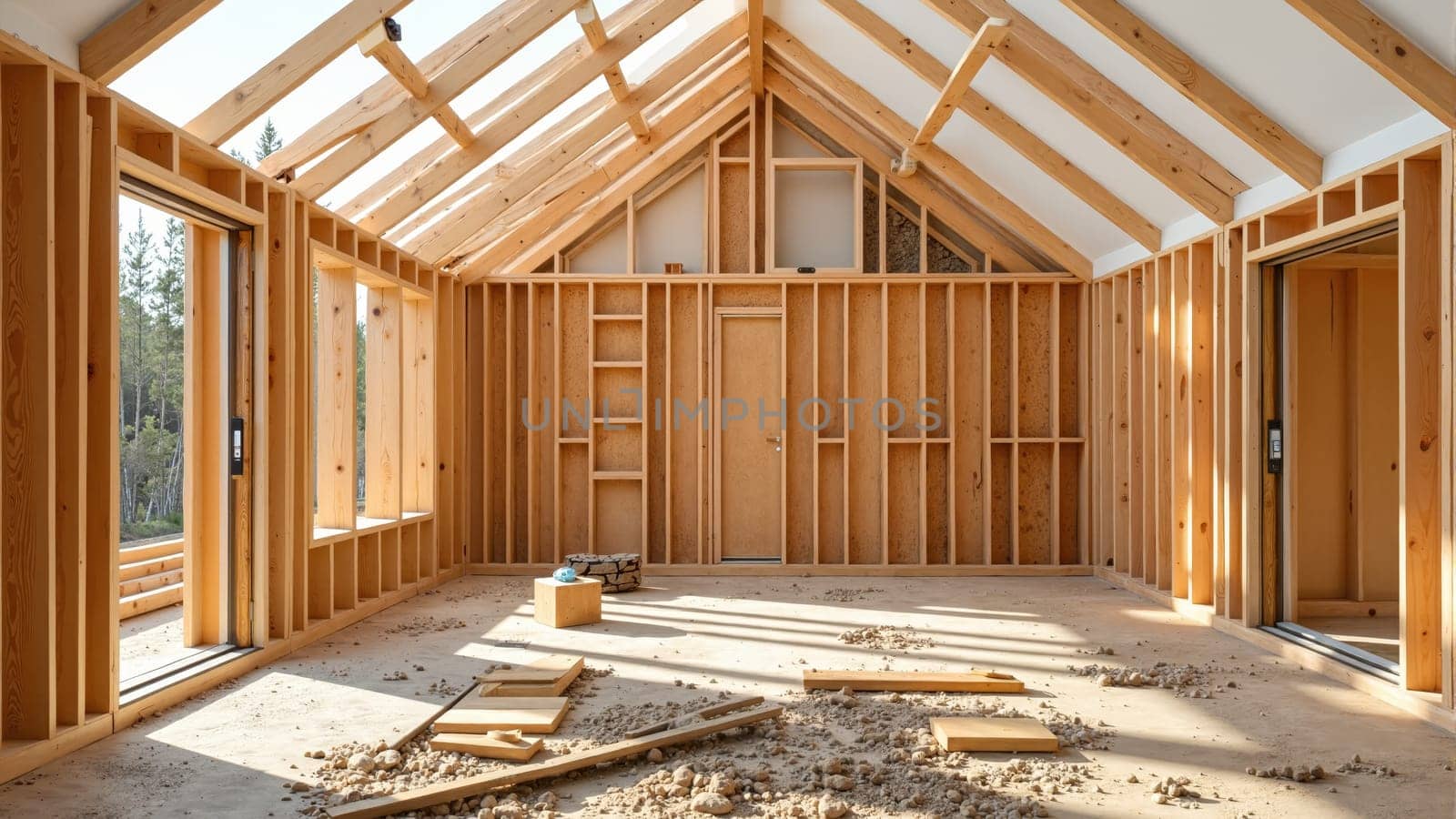 Construction workers are busy framing a new house in a serene suburban area, with the structure nearly complete under a cloudy sky. Tools and lumber are scattered around the site, signaling activity.