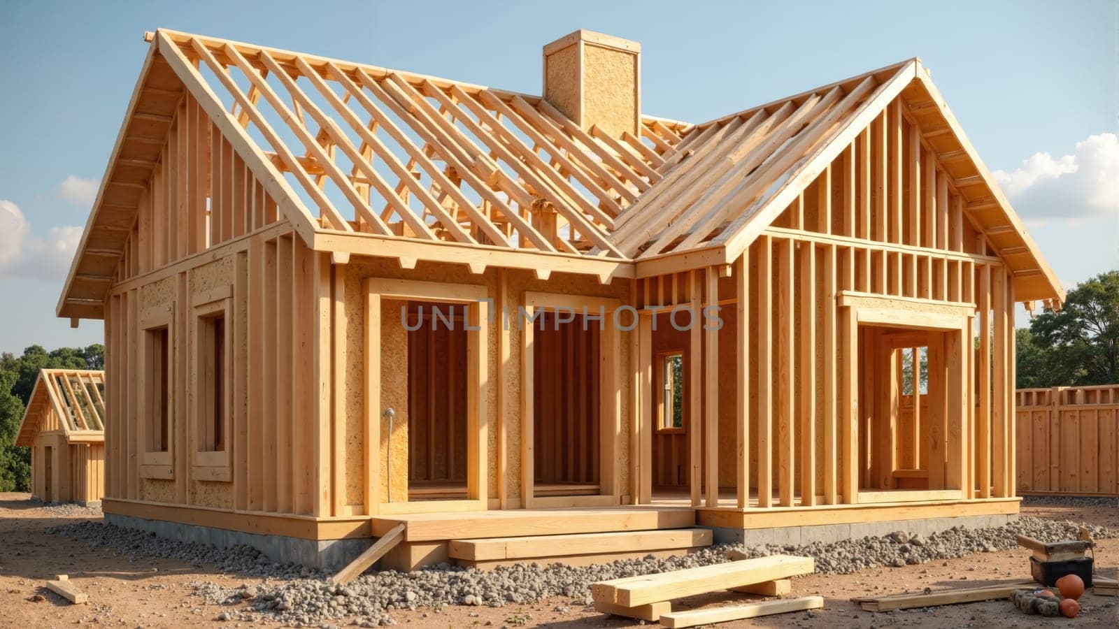 Construction workers are busy framing a new house in a serene suburban area, with the structure nearly complete under a cloudy sky. Tools and lumber are scattered around the site, signaling activity.