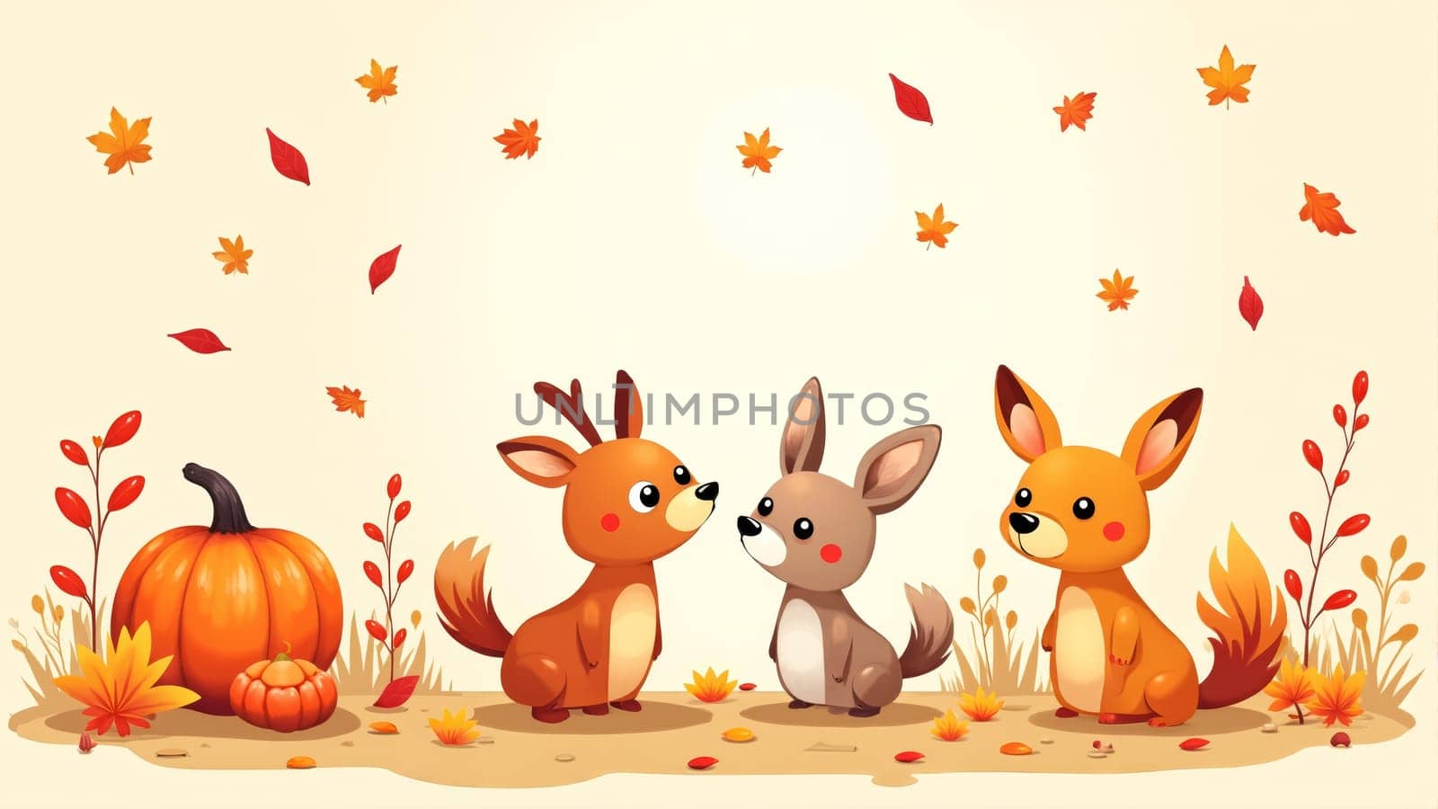 In a vibrant autumn setting, a cheerful group of woodland creatures enjoy their time together among falling leaves and pumpkins, embodying the warmth of the season.