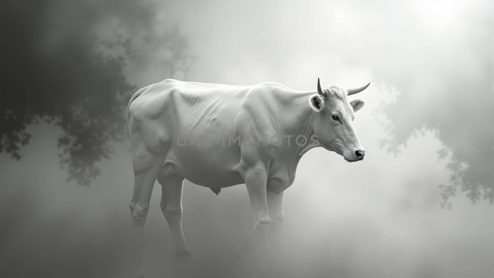 In the early morning light, a white cow stands alone, shrouded in a soft, ethereal fog that adds an air of mystery and tranquility to the landscape around it.