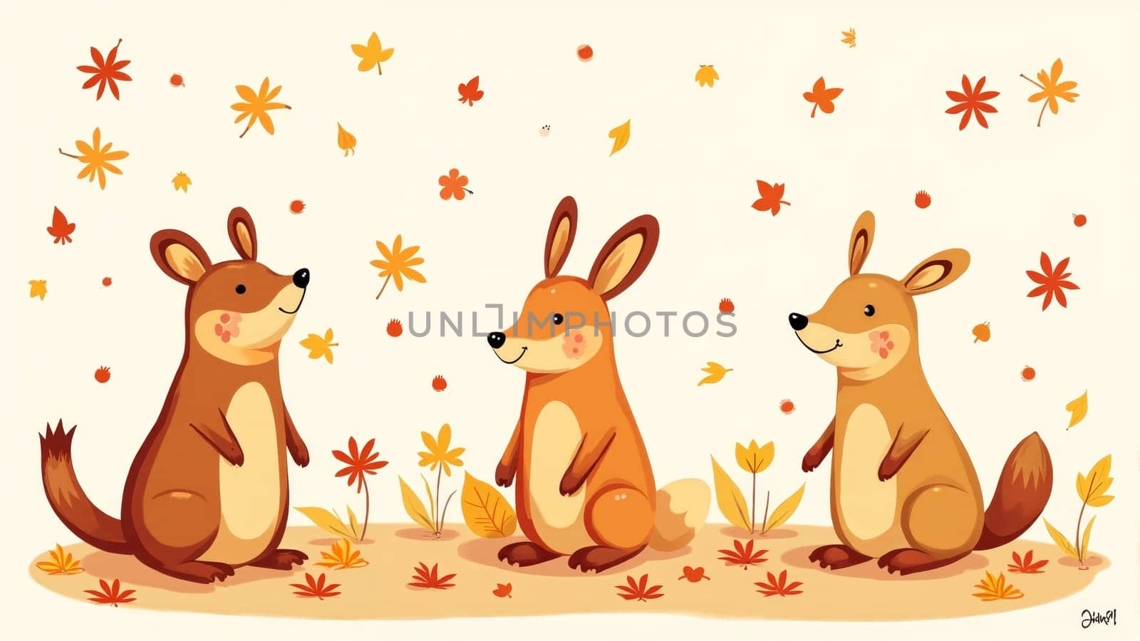 In a vibrant autumn setting, a cheerful group of woodland creatures enjoy their time together among falling leaves and pumpkins, embodying the warmth of the season.