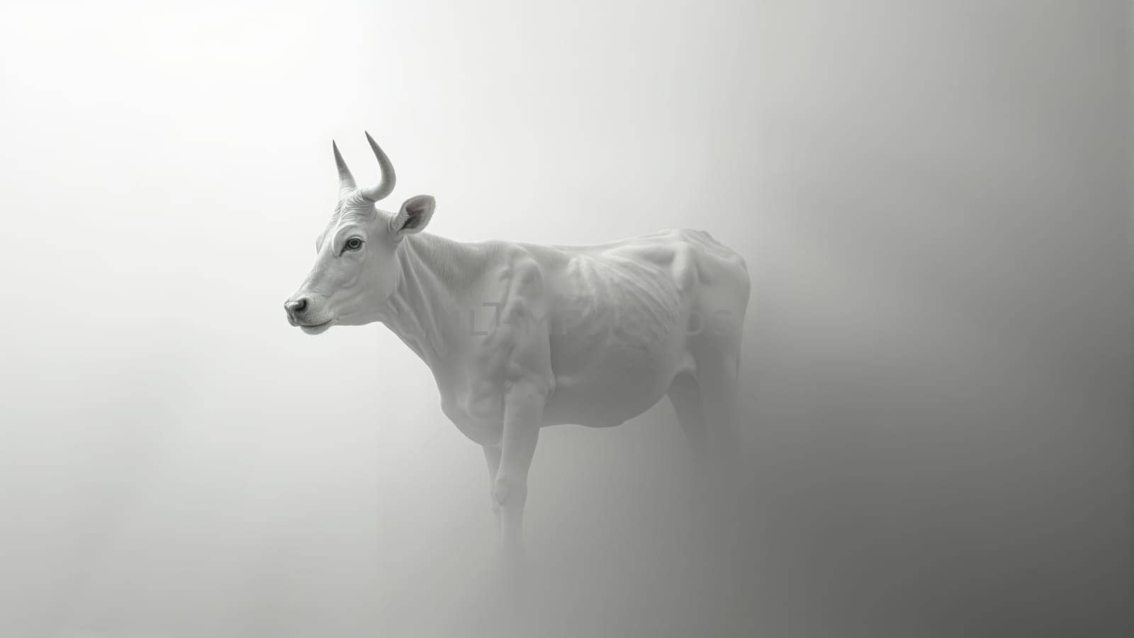 In the early morning light, a white cow stands alone, shrouded in a soft, ethereal fog that adds an air of mystery and tranquility to the landscape around it.