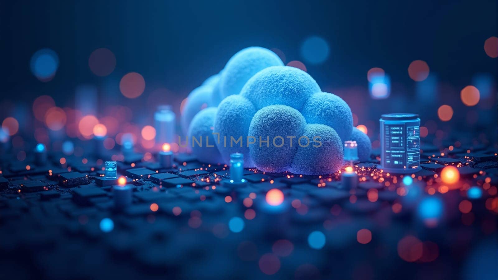 A vibrant cloud icon illuminated in blue sits at the center, surrounded by interconnected nodes and glowing servers, illustrating the intricate world of digital technology and data exchange.