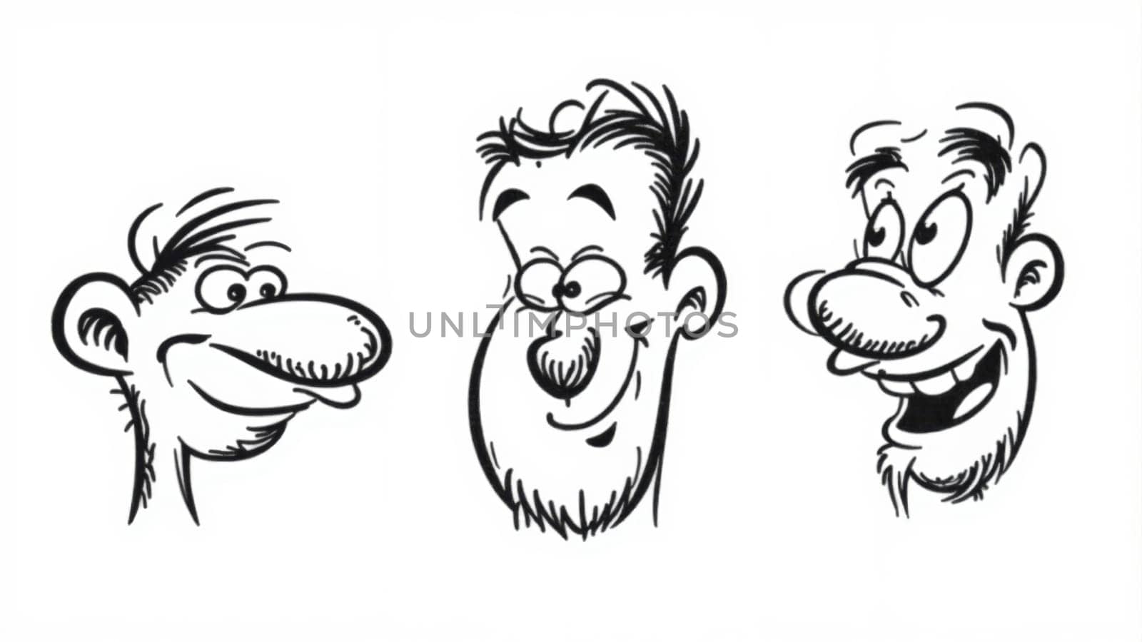 Three cartoon characters with distinct hairstyles display a variety of emotions, from surprise to joy, adding a playful touch to any creative project. Their fun expressions invite laughter.
