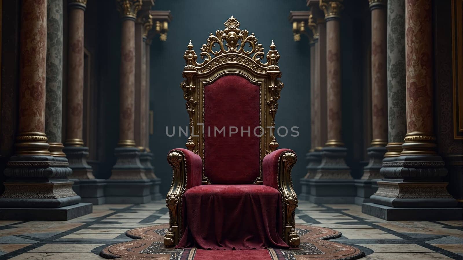 A regal throne adorned with golden details and plush red upholstery dominates a grand hall. Columns rise majestically in the backdrop, highlighting the opulence of the space.