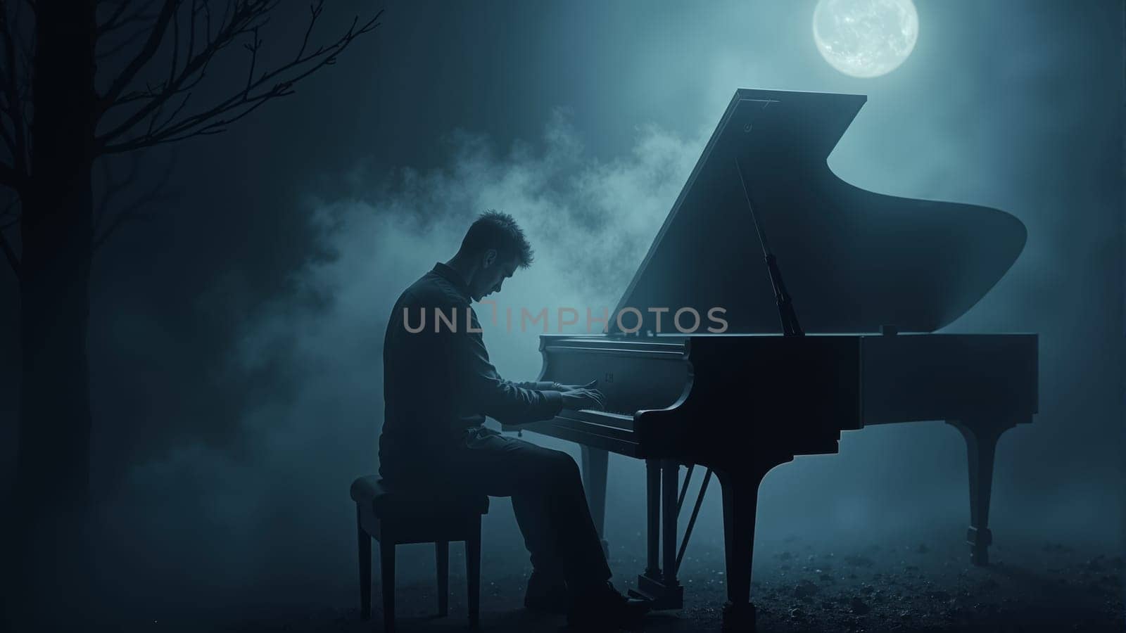 In a tranquil, fog-laden forest, a musician passionately plays a grand piano, illuminated by the soft glow of a full moon. The atmosphere is ethereal, evoking a sense of mystery and serenity.