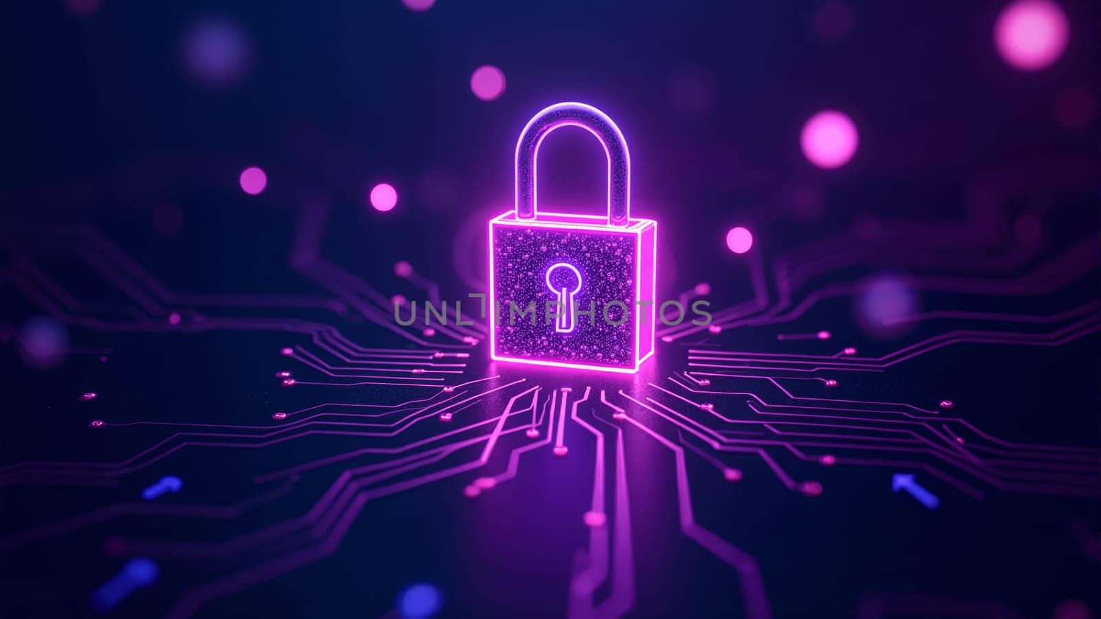 A vibrant digital lock glows against a backdrop of intricate circuitry, representing advanced cybersecurity. The scene is filled with colorful lights, creating a sense of energy and innovation.