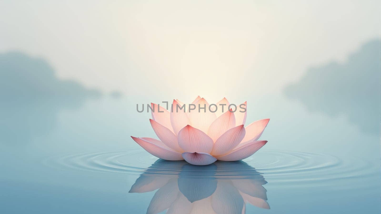 A delicate pink lotus flower rests peacefully on the surface of a still lake, enveloped in soft morning fog that adds an ethereal quality to the tranquil scene.
