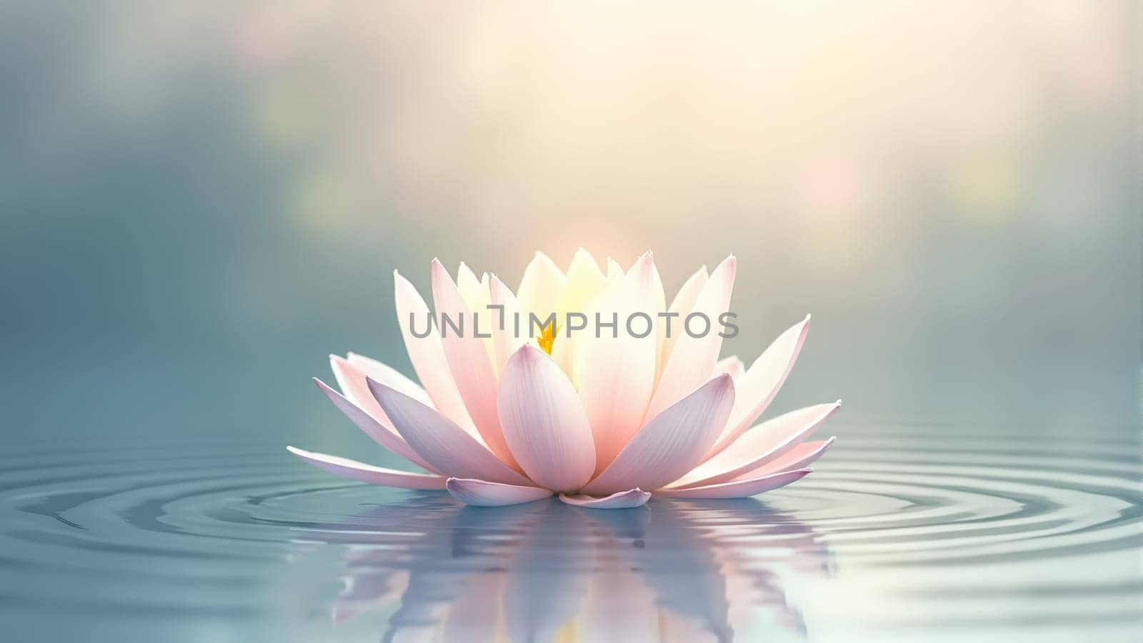 A delicate pink lotus flower rests peacefully on the surface of a still lake, enveloped in soft morning fog that adds an ethereal quality to the tranquil scene.