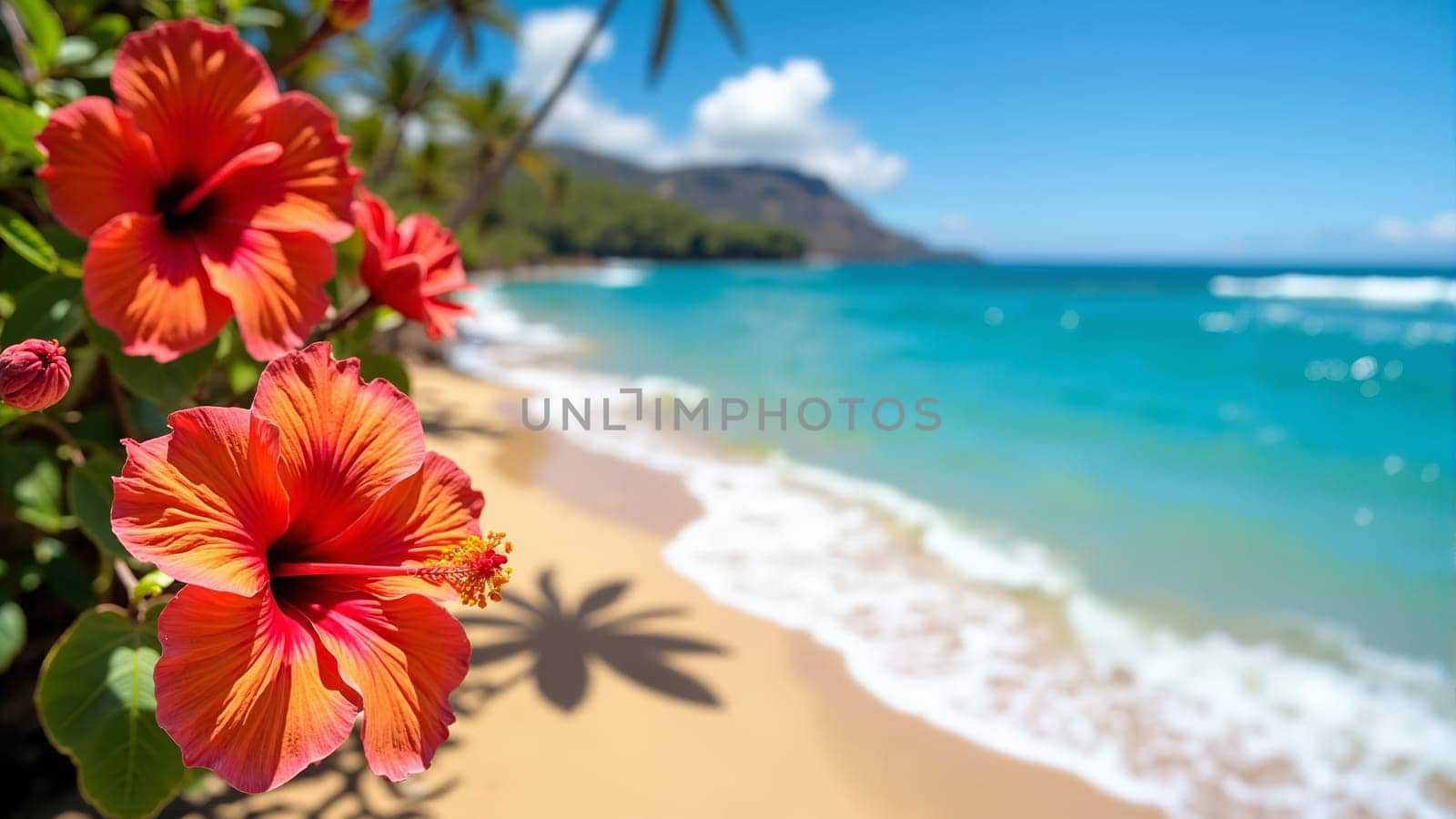 A stunning hibiscus flower bursts with color at the shoreline, where gentle waves kiss the sandy beach, framed by towering mountains and a bright blue sky on a perfect Hawaiian day.