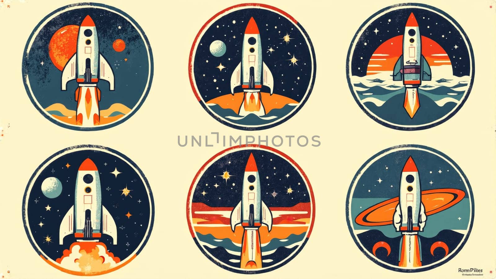 Colorful illustrations show rockets launching and astronauts exploring alien worlds under a starry sky, capturing the wonder of space exploration in a nostalgic style.
