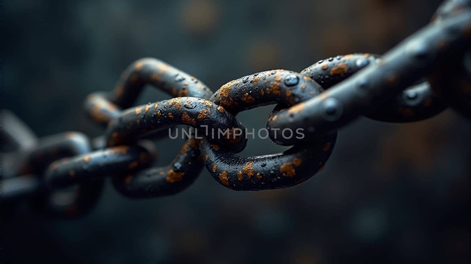 Close-up view of worn iron chain links displayed against a dark backdrop, highlighting their textured surface and rich history. The intricate details reveal the beauty of corrosion and time.
