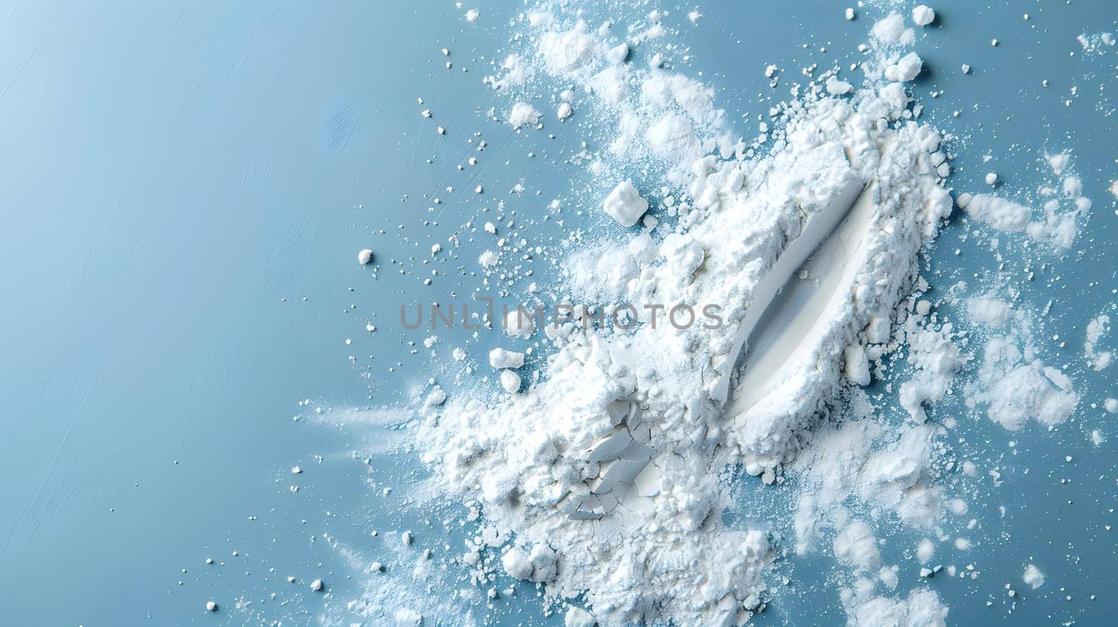 A mound of white powder resembling the ocean foam rests on a vibrant electric blue surface, evoking memories of underwater adventures and marine biology exploration