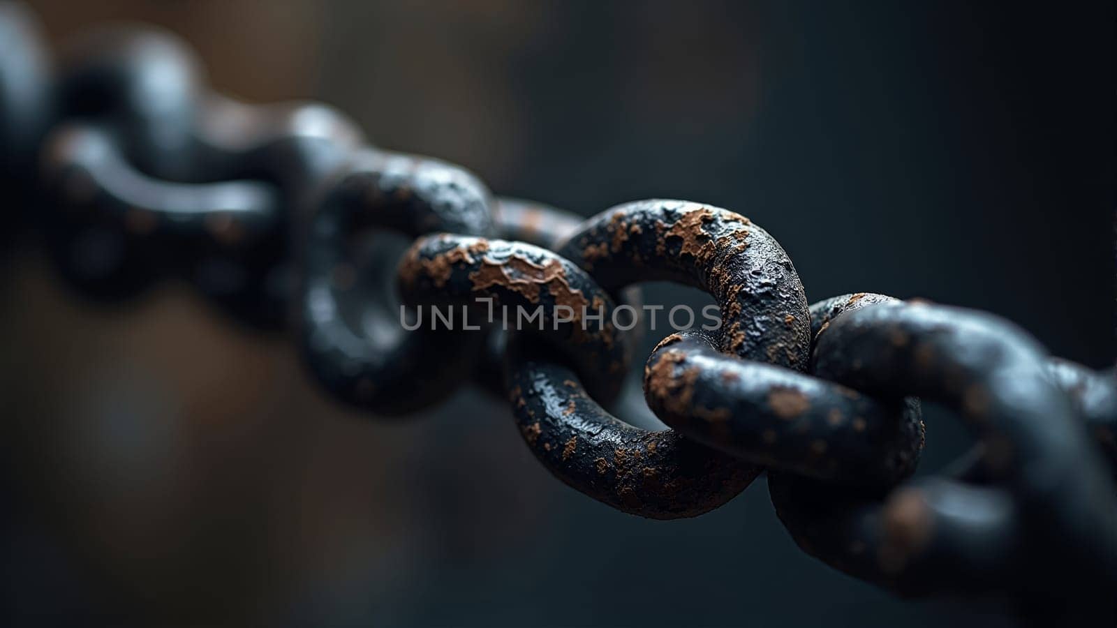Close-up view of worn iron chain links displayed against a dark backdrop, highlighting their textured surface and rich history. The intricate details reveal the beauty of corrosion and time.