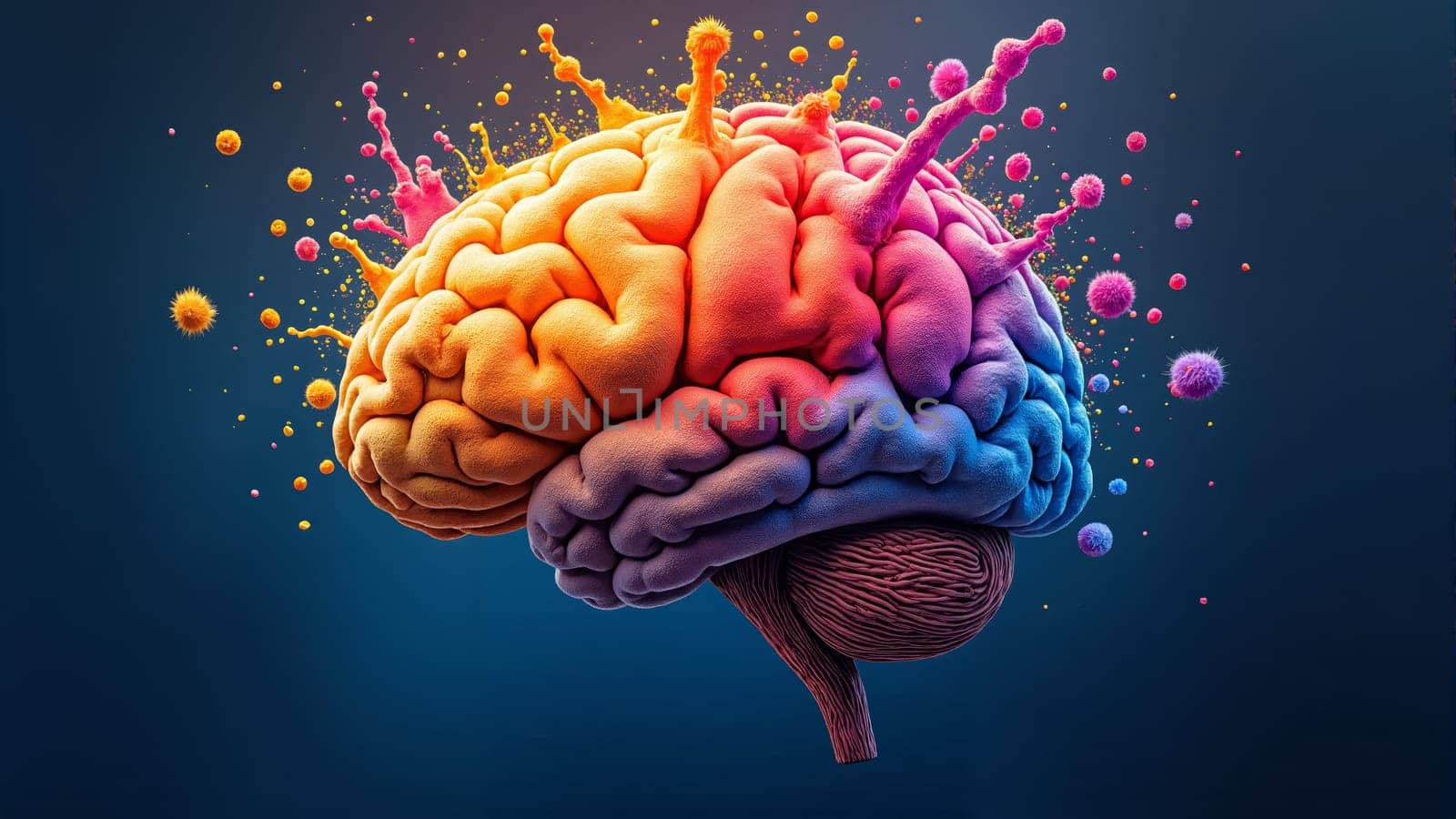 Surrounded by an explosion of vivid colors, this brain symbolizes creativity and innovation, illustrating the dynamic interplay of thoughts and ideas in a captivating, surreal manner.