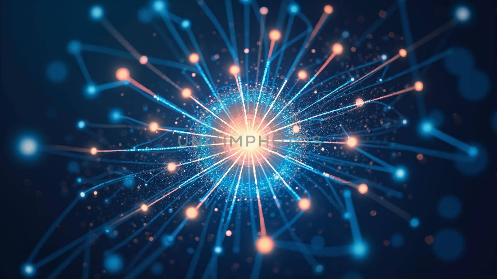 A vibrant explosion of light emanates from a central point, creating a web of glowing lines and particles that showcase dynamic energy in a cosmic interplay of colors.