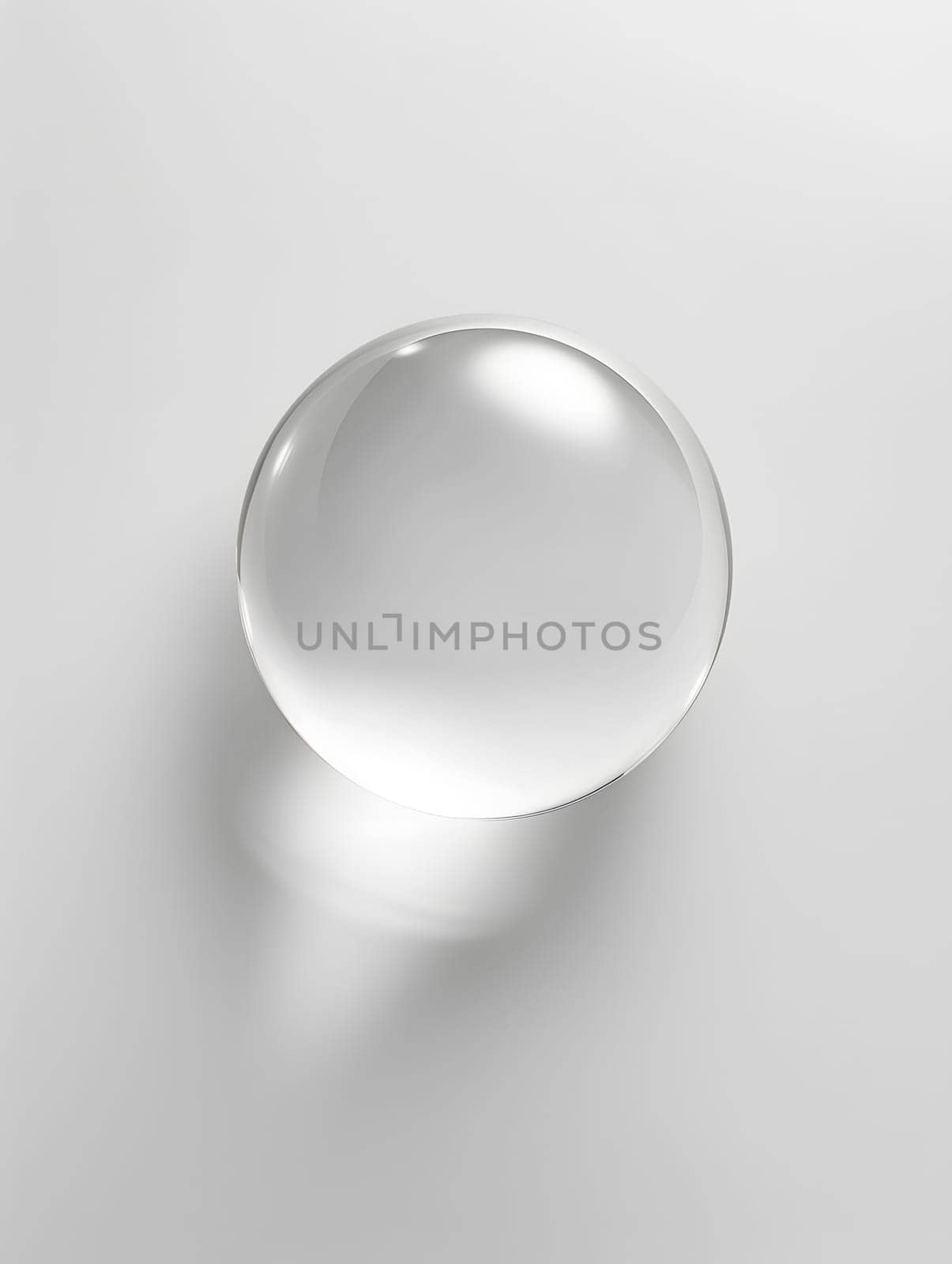 A minimalist photograph featuring a clear glass sphere on a pristine white backdrop