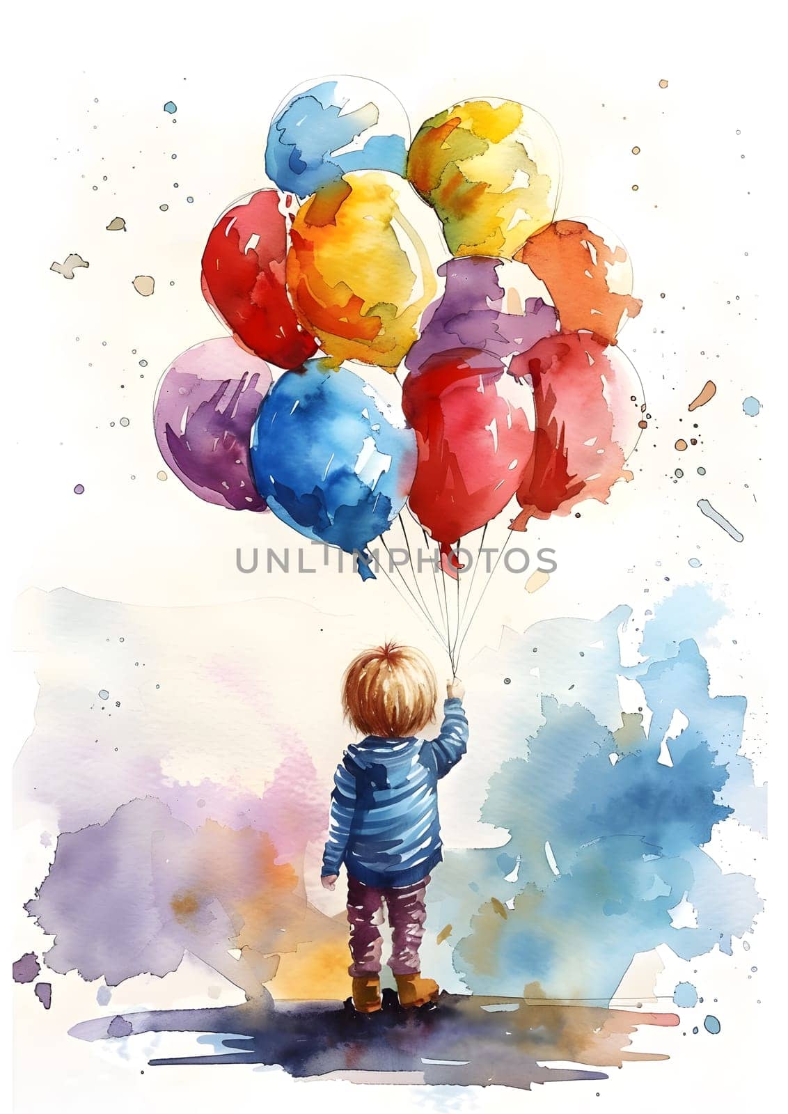 A vibrant watercolor painting featuring a happy toddler holding a bunch of colorful balloons. This art piece captures the joy and innocence of childhood
