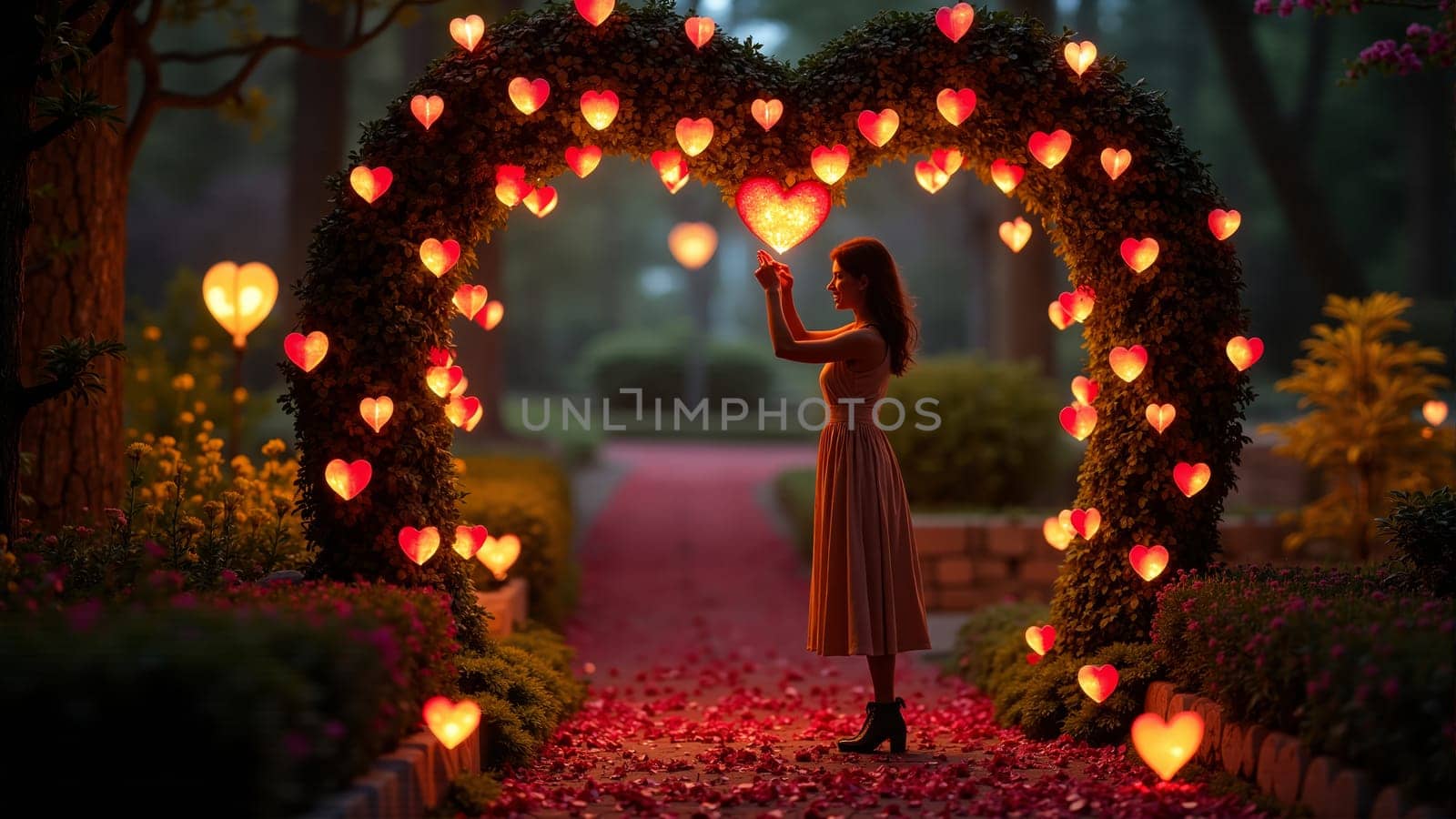 In a beautifully lit garden during dusk, a young woman reads a letter surrounded by glowing hearts and vibrant flowers, while another figure strolls behind, enjoying the atmosphere.