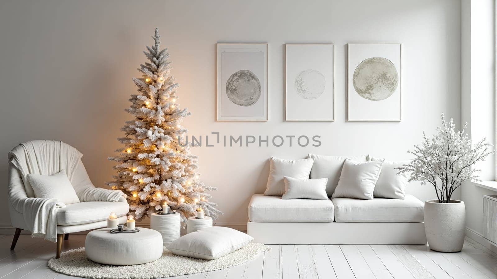 In a serene winter living room, a crackling fireplace provides warmth, while a beautifully adorned Christmas tree adds festive charm. Plush seating invites relaxation and comfort.