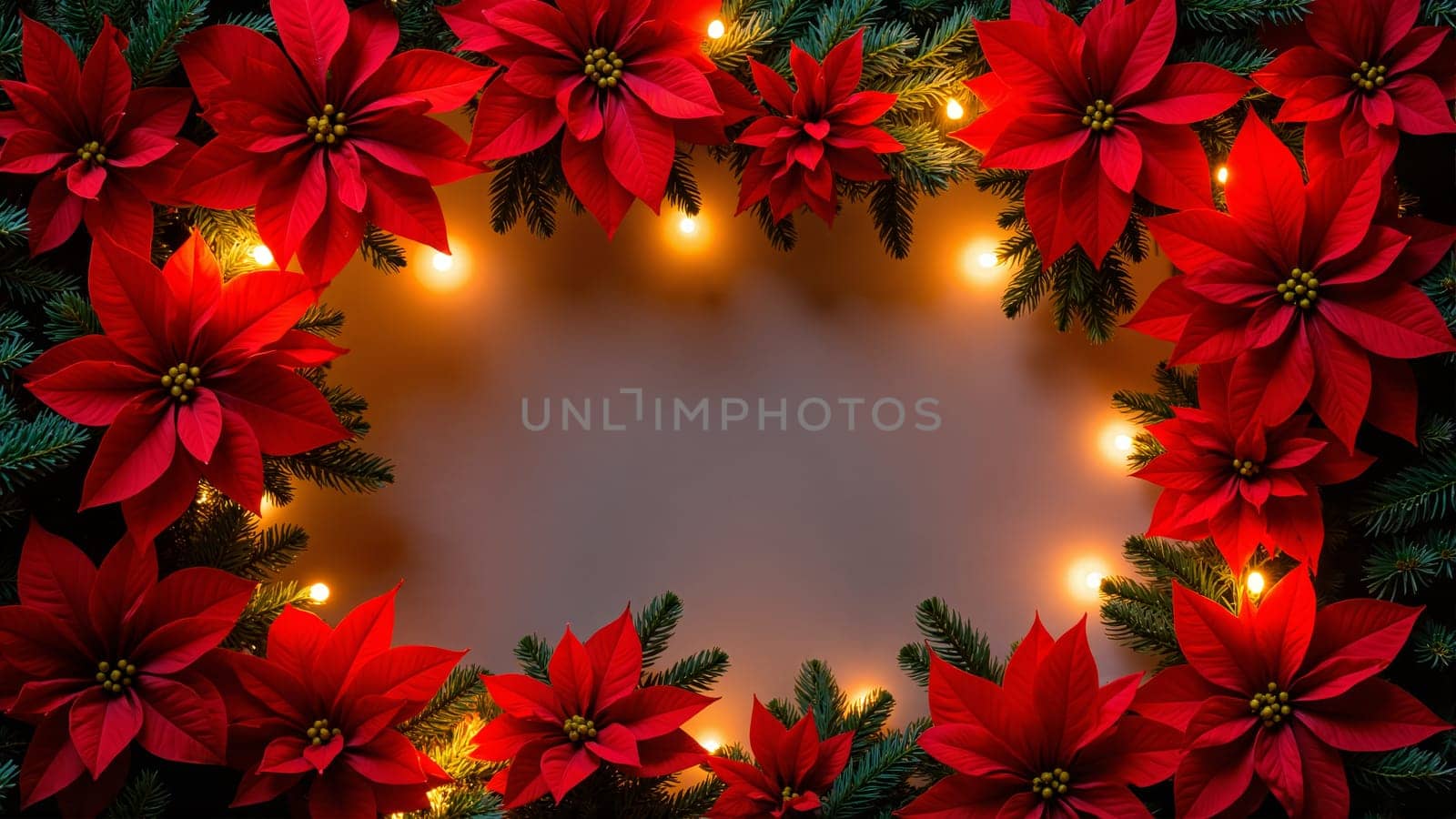 A beautiful arrangement showcases bright red poinsettias and soft green pine needles, illuminated by gentle lights. This festive display creates a warm and inviting atmosphere for the holiday season.