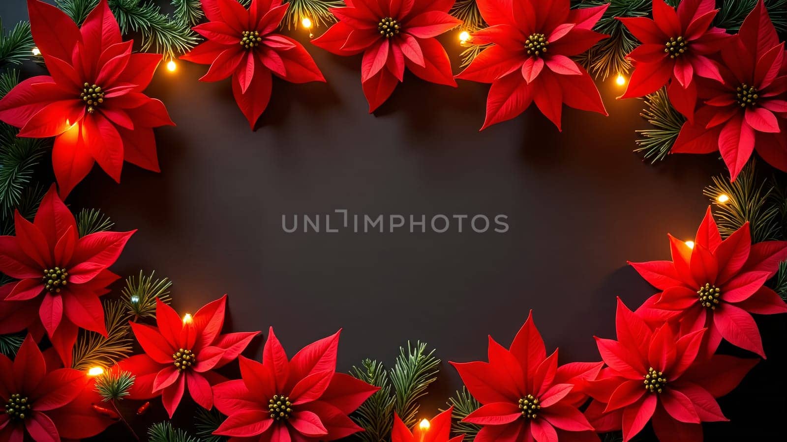 A beautiful arrangement showcases bright red poinsettias and soft green pine needles, illuminated by gentle lights. This festive display creates a warm and inviting atmosphere for the holiday season.