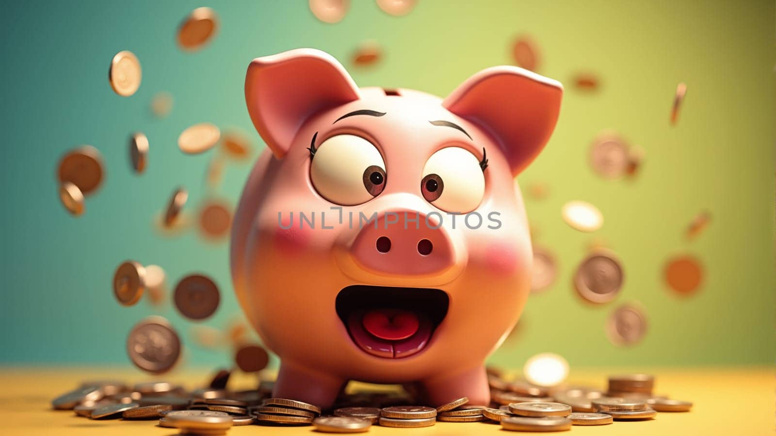 A cheerful piggy bank stands in front of a bright yellow background, coins swirling around it, creating a sense of excitement and fun, symbolizing savings and financial joy.