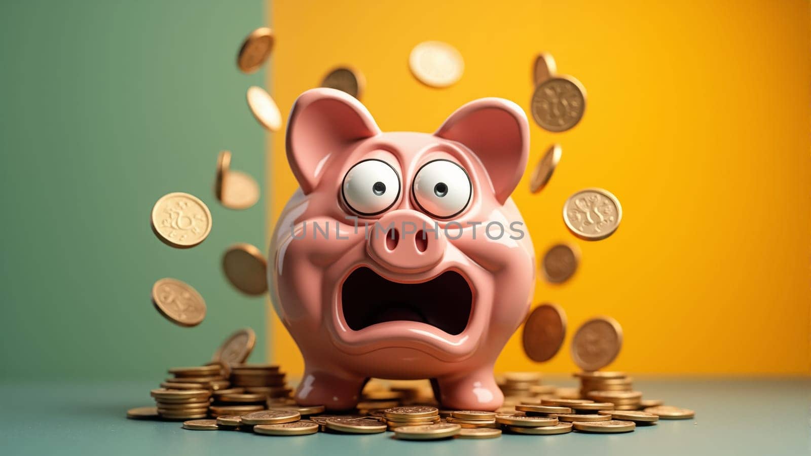 A cheerful piggy bank stands in front of a bright yellow background, coins swirling around it, creating a sense of excitement and fun, symbolizing savings and financial joy.