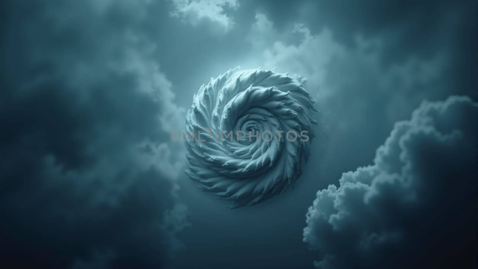 A captivating whirlpool of dark clouds spirals ominously against a backdrop of a stormy sky, creating a surreal and powerful atmosphere as the winds howl through the night.